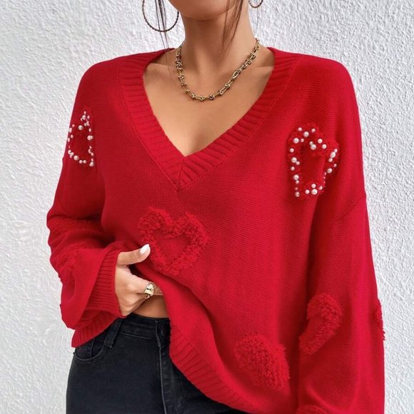 Oversized Red Heart  Pearls Pullover Sweater - Picture 1 of 4